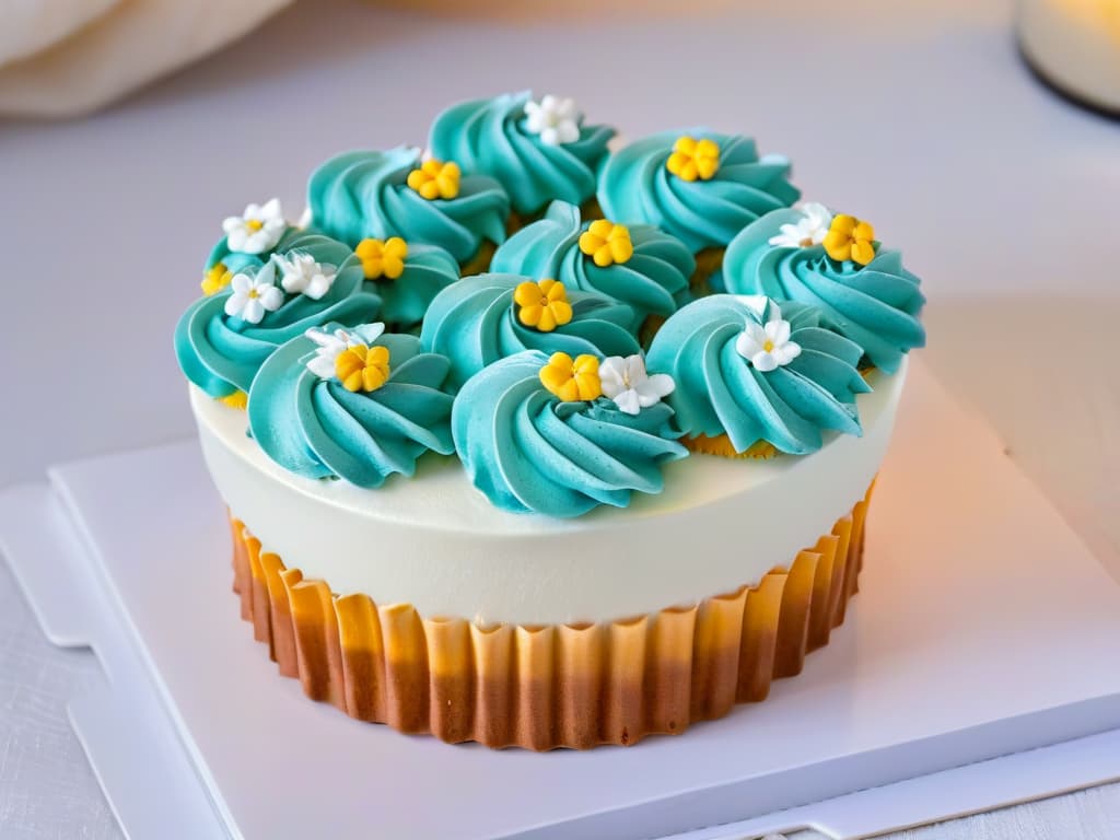  An ultradetailed closeup image of a perfectly frosted cupcake with intricate floral decorations, showcasing the meticulous artistry and attention to detail that goes into creating themed pastry products. The frosting is flawlessly smooth, with delicate piped flowers and leaves in vibrant colors, highlighting the craftsmanship and creativity involved in the world of themed bakery products. hyperrealistic, full body, detailed clothing, highly detailed, cinematic lighting, stunningly beautiful, intricate, sharp focus, f/1. 8, 85mm, (centered image composition), (professionally color graded), ((bright soft diffused light)), volumetric fog, trending on instagram, trending on tumblr, HDR 4K, 8K