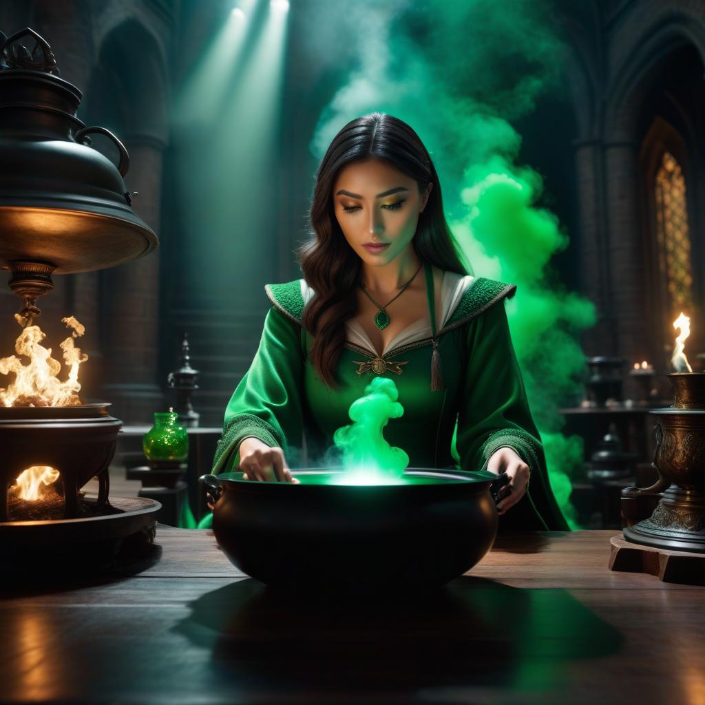  A girl looks at the screen of a tablet. A cauldron with green liquid is nearby. In Hogwarts. hyperrealistic, full body, detailed clothing, highly detailed, cinematic lighting, stunningly beautiful, intricate, sharp focus, f/1. 8, 85mm, (centered image composition), (professionally color graded), ((bright soft diffused light)), volumetric fog, trending on instagram, trending on tumblr, HDR 4K, 8K