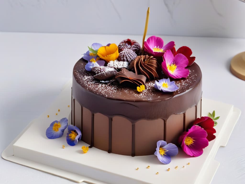  A closeup, ultradetailed image of a glossy, intricate chocolate cake adorned with delicate gold leaf and vibrant edible flowers, set against a clean, white marble background. The cake is perfectly symmetrical, showcasing layers of rich chocolate sponge and velvety ganache, expertly finished with precision piping and elegant decoration. The play of light and shadows highlights the luxurious texture and exquisite craftsmanship of this modern chocolate dessert, embodying innovation and global trends in pastry art. hyperrealistic, full body, detailed clothing, highly detailed, cinematic lighting, stunningly beautiful, intricate, sharp focus, f/1. 8, 85mm, (centered image composition), (professionally color graded), ((bright soft diffused light)), volumetric fog, trending on instagram, trending on tumblr, HDR 4K, 8K