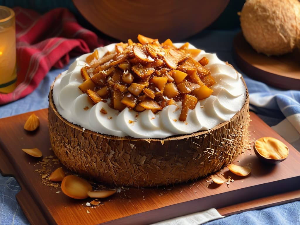  A closeup, photorealistic image of freshly baked cocadas arranged on a rustic wooden platter, showcasing their goldenbrown toasted coconut exterior and chewy texture. The soft, caramelized edges of the cocadas glisten slightly under warm lighting, while a few flakes of shredded coconut are delicately sprinkled around the plate for added visual appeal. Each cocada is perfectly shaped and exudes a tantalizing aroma, inviting viewers to savor the traditional coconut treat through the screen. hyperrealistic, full body, detailed clothing, highly detailed, cinematic lighting, stunningly beautiful, intricate, sharp focus, f/1. 8, 85mm, (centered image composition), (professionally color graded), ((bright soft diffused light)), volumetric fog, trending on instagram, trending on tumblr, HDR 4K, 8K