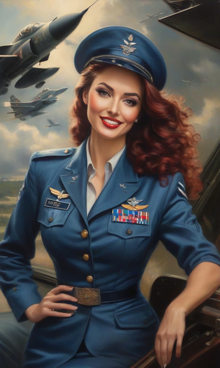  masterpiece of painting, oil painting, fine brush, A woman in an Air Force uniform is waiting for her boyfriend, she is about 20 year, elegant, smart, smiles ly, magnificent s, tall, long legged, She has lush dark red long curly hair, fresh and emphasizing the beauty of the defiant makeup and emerald eyes. From under the frivolously unoned soviet uniform dark blue with silver hardware, large open neckline, with epaulettes of lieutenant, tunic, a beautiful and expensive red black satin corset with lace trim, from under the short dark blue uniform can be seen red garters and black fishnet highly visible stockings with red lace, on her feet elegant red high heeled shoes. A behind her and outs hyperrealistic, full body, detailed clothing, highly detailed, cinematic lighting, stunningly beautiful, intricate, sharp focus, f/1. 8, 85mm, (centered image composition), (professionally color graded), ((bright soft diffused light)), volumetric fog, trending on instagram, trending on tumblr, HDR 4K, 8K