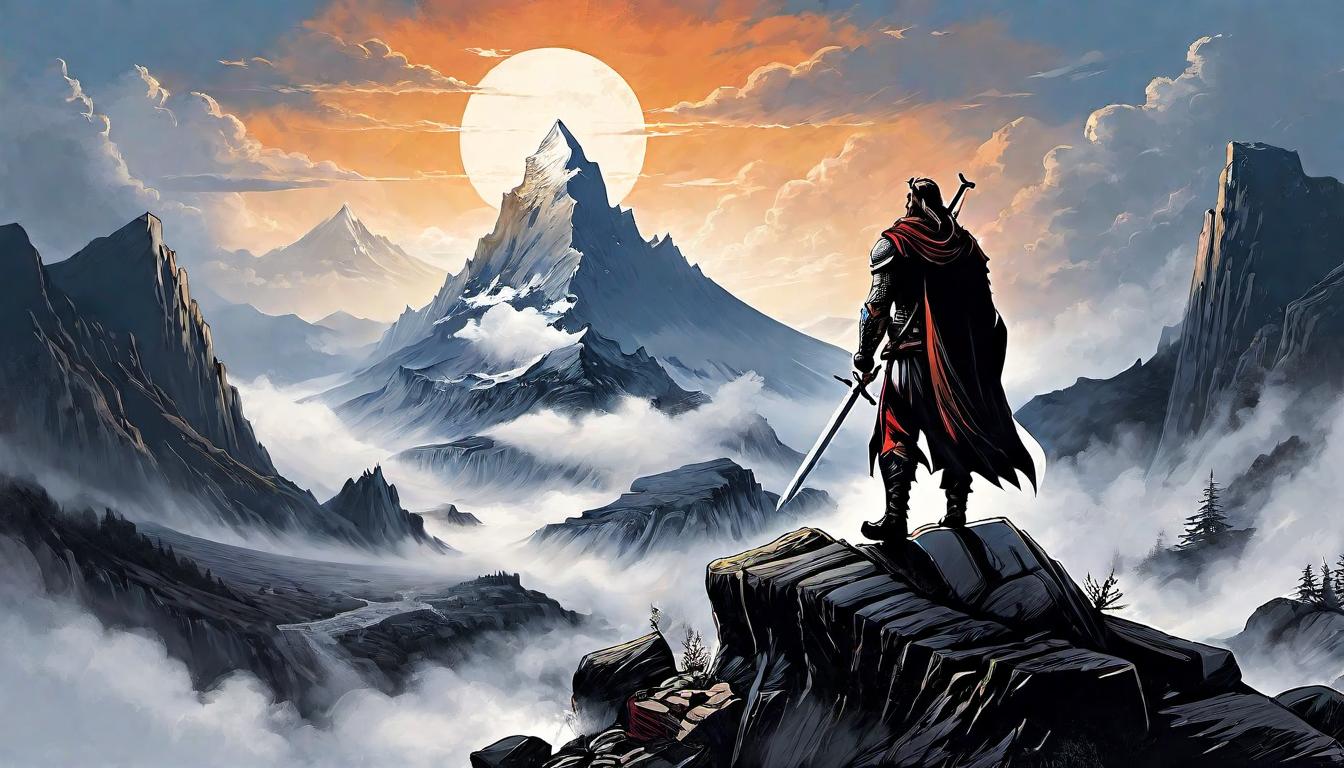  （surrealism)A proud figure standing upon a peak, cape billowing in the wind, bright sky, mountain range fades in the background, strength, valor, triumph mystic, intricate details, best quality)