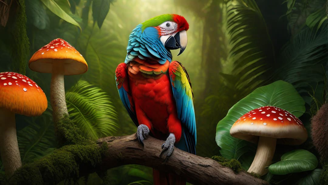  Imagine a vibrant and colorful parrot sitting on top of a large mushroom, surrounded by lush greenery. The parrot's feathers should be vivid and eye-catching, while the mushroom should look enticing and otherworldly. Capture the beauty and wonder of this unique pairing in a single image. hyperrealistic, full body, detailed clothing, highly detailed, cinematic lighting, stunningly beautiful, intricate, sharp focus, f/1. 8, 85mm, (centered image composition), (professionally color graded), ((bright soft diffused light)), volumetric fog, trending on instagram, trending on tumblr, HDR 4K, 8K