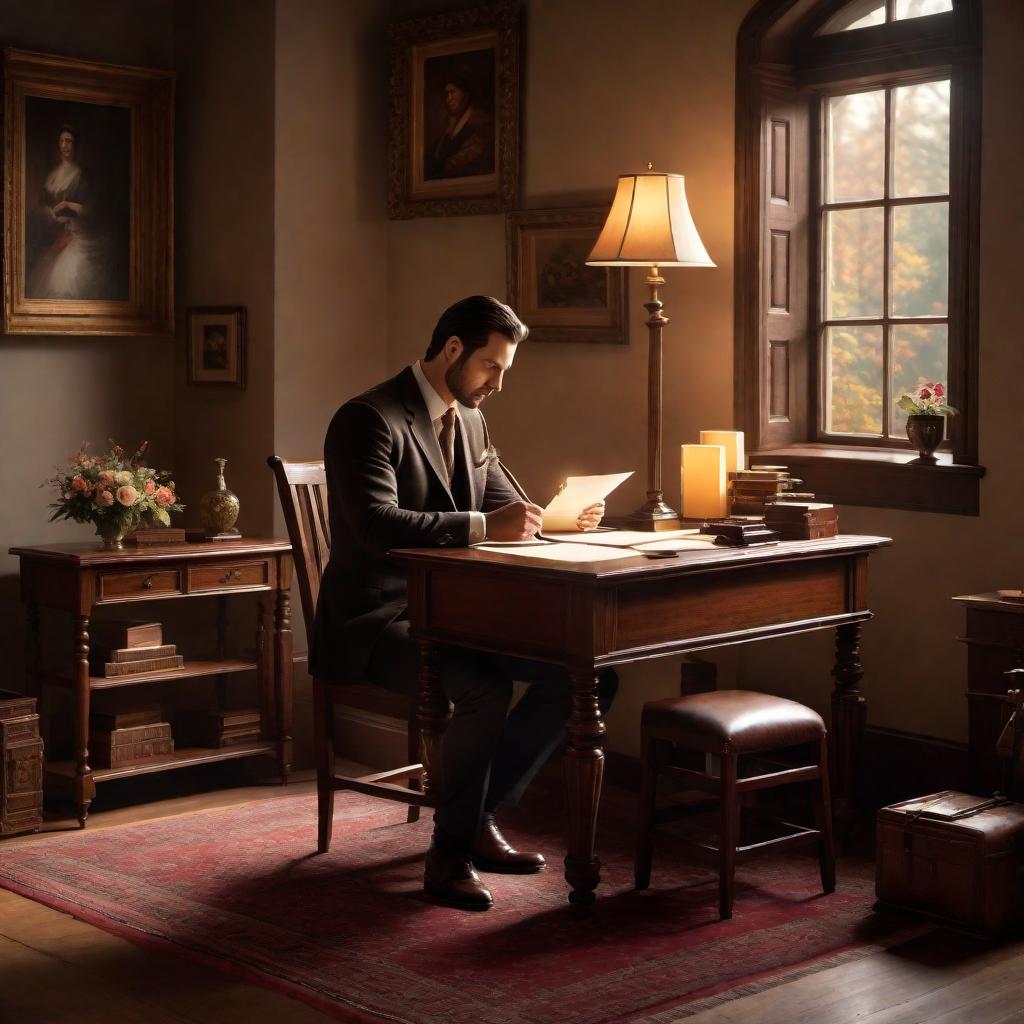  A picturesque scene with a romantic atmosphere depicting a person thoughtfully composing a message to their future wife. The setting could be a cozy room with soft lighting, perhaps a desk with stationery and a pen, with a warm and inviting ambiance suggesting love and anticipation. hyperrealistic, full body, detailed clothing, highly detailed, cinematic lighting, stunningly beautiful, intricate, sharp focus, f/1. 8, 85mm, (centered image composition), (professionally color graded), ((bright soft diffused light)), volumetric fog, trending on instagram, trending on tumblr, HDR 4K, 8K