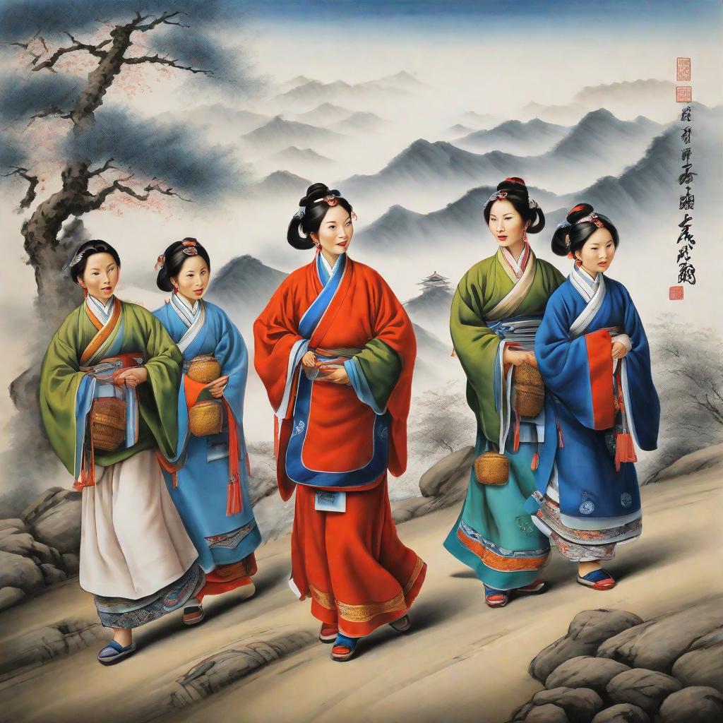  masterpiece, best quality,Draw a traditional Chinese painting. Through freehand brushwork, depict the appearance and expression of Xizang minority people. There are six people in the picture, a woman holding a , two ren the ground, a woman and a young .