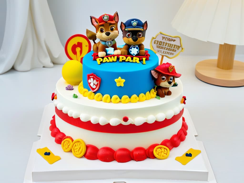  A minimalistic image of a beautifully decorated Paw Patrol themed cake, featuring all the main characters intricately crafted out of fondant, with vibrant colors and precise details. The cake is displayed on a sleek white cake stand against a clean, white background, showcasing the artistry and skill involved in creating this stunning piece of edible art. hyperrealistic, full body, detailed clothing, highly detailed, cinematic lighting, stunningly beautiful, intricate, sharp focus, f/1. 8, 85mm, (centered image composition), (professionally color graded), ((bright soft diffused light)), volumetric fog, trending on instagram, trending on tumblr, HDR 4K, 8K