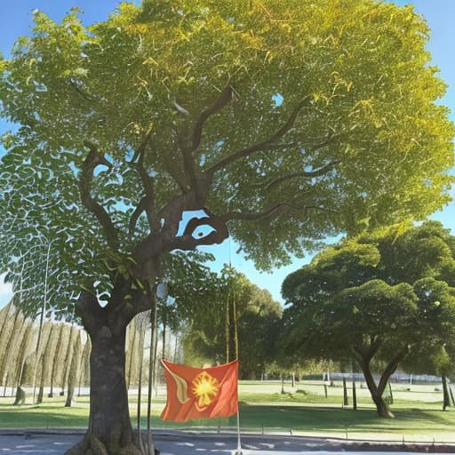  estandarte banderín emblema en tela verde con dibujo en su interior de Arbol con manzanas rojas , los bordes o ribetes en hilo de color dorado