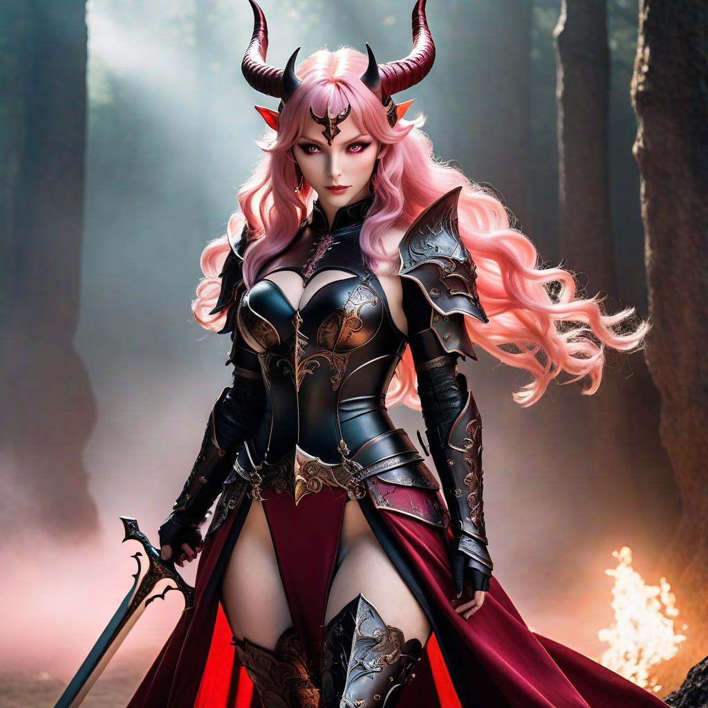  A demoness with horns, full body shot, head to toe, full length view, wide field of view, centered, uncropped, long light pink wavy hair, red skin, black armor, long sword hyperrealistic, full body, detailed clothing, highly detailed, cinematic lighting, stunningly beautiful, intricate, sharp focus, f/1. 8, 85mm, (centered image composition), (professionally color graded), ((bright soft diffused light)), volumetric fog, trending on instagram, trending on tumblr, HDR 4K, 8K