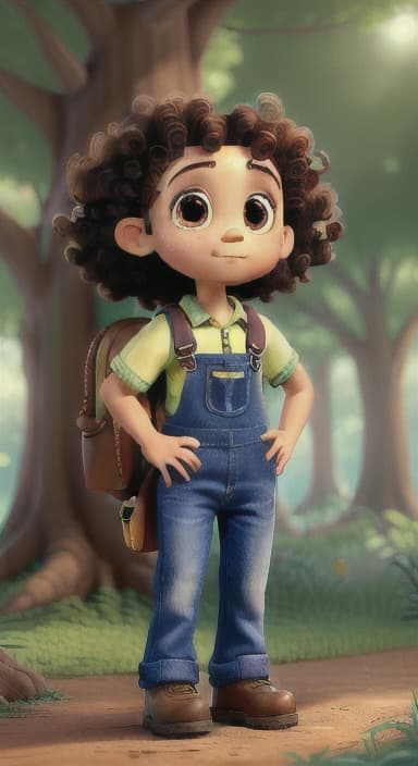  {The tree with a twinkling eye, while its leaves gently rustle., Riley, a curious with big brown eyes and curly hair, wearing overalls and carrying a small backpack. Their friend, Skye, a bluebird with shiny feathers.