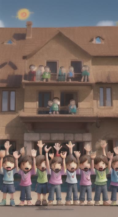  {A heartwarming scene of all the children waving goodbye with happy expressions., Children waving with wide smiles, looking grateful and content.