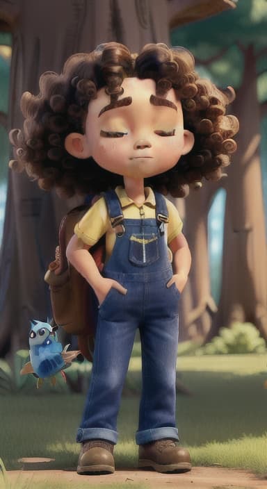  {Riley standing under the tree with eyes closed, making the wish., Riley, a curious with big brown eyes and curly hair, wearing overalls and carrying a small backpack. Their friend, Skye, a bluebird with shiny feathers.