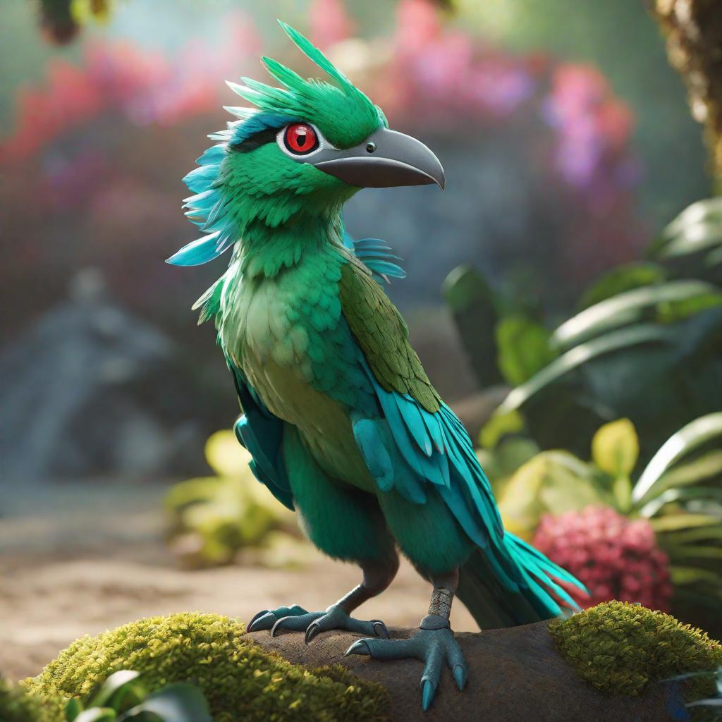  Pokemon quetzal hyperrealistic, full body, detailed clothing, highly detailed, cinematic lighting, stunningly beautiful, intricate, sharp focus, f/1. 8, 85mm, (centered image composition), (professionally color graded), ((bright soft diffused light)), volumetric fog, trending on instagram, trending on tumblr, HDR 4K, 8K