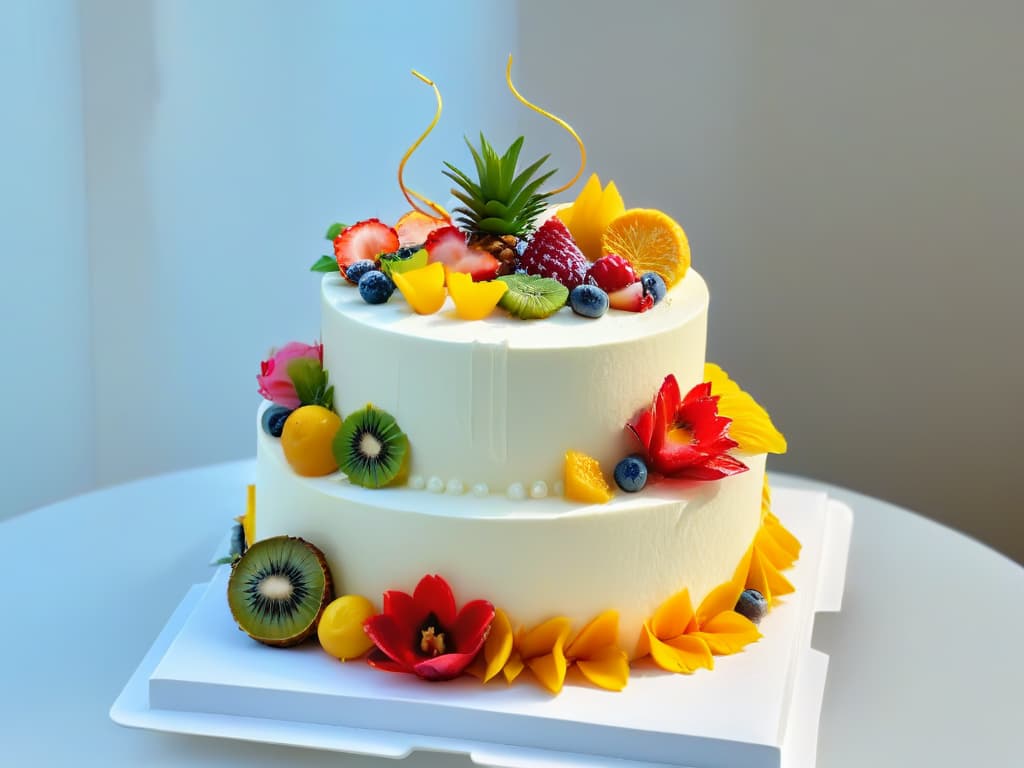  A stunning, ultradetailed image of a beautifully crafted, thematic cake displayed on a sleek, minimalistic white dessert stand. The cake is adorned with intricate fondant decorations depicting a variety of whimsical and colorful themes such as tropical fruits, vibrant flowers, and delicate pastel ribbons. The lighting is soft and elegant, casting a gentle glow on the cake to accentuate its exquisite details and craftsmanship. hyperrealistic, full body, detailed clothing, highly detailed, cinematic lighting, stunningly beautiful, intricate, sharp focus, f/1. 8, 85mm, (centered image composition), (professionally color graded), ((bright soft diffused light)), volumetric fog, trending on instagram, trending on tumblr, HDR 4K, 8K