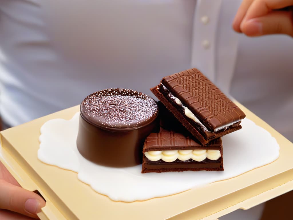  An 8k ultradetailed image of a hand delicately holding a Tim Tam biscuit with a bite taken out of one end, perfectly aligning with a steaming cup of hot chocolate. The biscuit is positioned just right to showcase the oozy melted chocolate center, while the background is blurred, enhancing the focus on this decadent moment of the Tim Tam Slam experience. The lighting captures the glossy sheen of the biscuit, highlighting its irresistible allure, inviting the viewer to indulge in this iconic Australian treat. hyperrealistic, full body, detailed clothing, highly detailed, cinematic lighting, stunningly beautiful, intricate, sharp focus, f/1. 8, 85mm, (centered image composition), (professionally color graded), ((bright soft diffused light)), volumetric fog, trending on instagram, trending on tumblr, HDR 4K, 8K