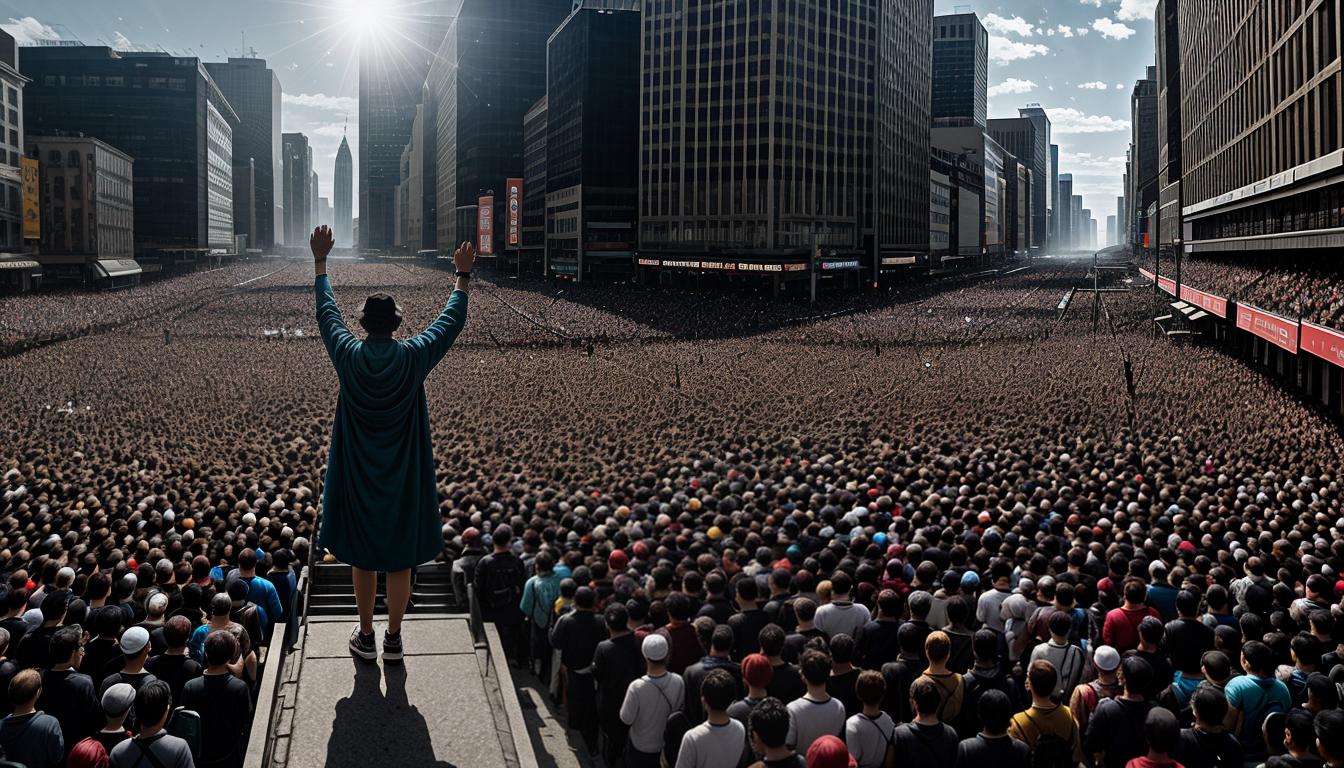  cinematic, aesthetic, A solitary figure reaching out to a crowd, figure in plain clothes, crowd in detailed, vibrant attire, distance and separation, yearning, desire for acceptance, reaching, crowd indifferent, 4k, HDR, lens flare