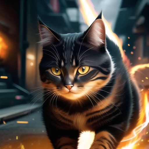  an anthropomorphic cat wearing black linen is depicted in an action pose, swirling fire with an arrow symbol in cat hand, floating above a street in a dark city alleyway, swirling magic effects and swirling energy waves surround cat, with a golden glow on cat face and body, looking at the camera, hyper detailed, movie still, ultrawide, ultra detailed, hyper focus, unreal engine, masterpiece, high rez, high quality, futuristic, exo skeleton, power armor, apex cat dominant universe, fight scars, cat had ear bitten by dog, war between cats and dogs, razor shard claws extended, , (masterpiece, best quality:1.5), HDR 4K, 8K