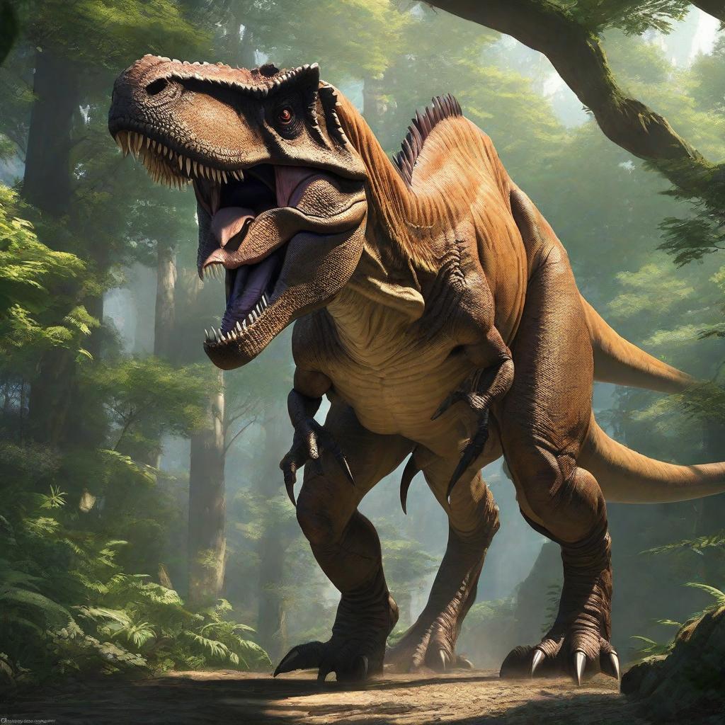  T rex, anime concept art by Hayao Miyazaki, featured on pixiv, fantasy art, concept art, official art, high detailed hyperrealistic, full body, detailed clothing, highly detailed, cinematic lighting, stunningly beautiful, intricate, sharp focus, f/1. 8, 85mm, (centered image composition), (professionally color graded), ((bright soft diffused light)), volumetric fog, trending on instagram, trending on tumblr, HDR 4K, 8K