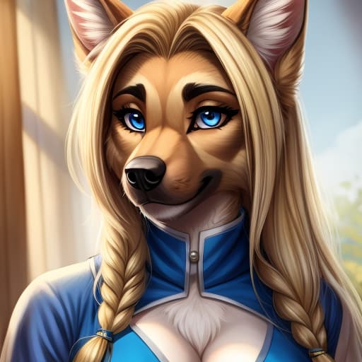  Anthro, Female, German Shepard, blue eyes, blond hair, open eyes, digital art, masterpiece, 4k, fine details,