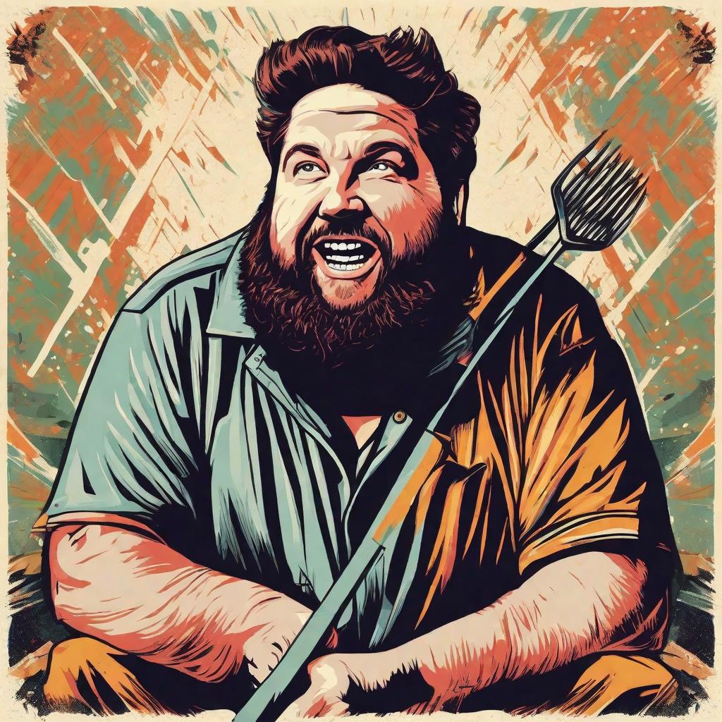  masterpiece, best quality, In the style of Robert risko make me the comedian big jay oakerson as the evil holding a pitchfork