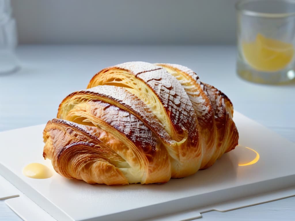  An ultradetailed closeup image of a golden, flaky croissant freshly baked, with steam rising from its buttery layers. The light filters through the crispy exterior, highlighting the delicate texture of the pastry. Each buttery fold is meticulously defined, showcasing the expertise and precision that goes into creating the perfect baked treat. hyperrealistic, full body, detailed clothing, highly detailed, cinematic lighting, stunningly beautiful, intricate, sharp focus, f/1. 8, 85mm, (centered image composition), (professionally color graded), ((bright soft diffused light)), volumetric fog, trending on instagram, trending on tumblr, HDR 4K, 8K