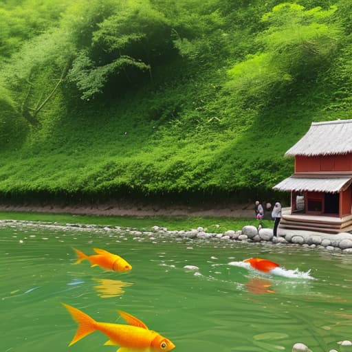  Golden fish in river , small house with beautiful flower in the bank side, children playing and himalyas in the background，