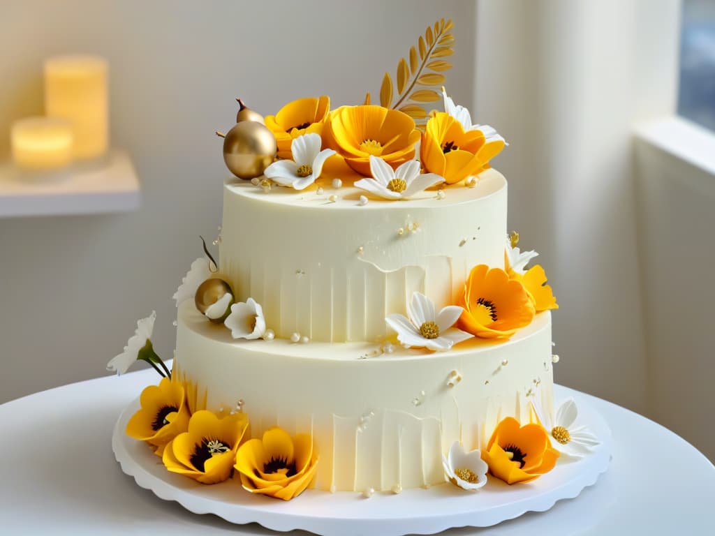  An ultradetailed image of a gleaming, intricately designed tiered cake, adorned with delicate sugar flowers and shimmering gold accents. The cake stands on a pristine white pedestal, set against a soft, blurred background to emphasize its elegance and craftsmanship. Each petal of the flowers and every gold detail is crisp and lifelike, showcasing the artistry and precision required in highend pastry certifications. hyperrealistic, full body, detailed clothing, highly detailed, cinematic lighting, stunningly beautiful, intricate, sharp focus, f/1. 8, 85mm, (centered image composition), (professionally color graded), ((bright soft diffused light)), volumetric fog, trending on instagram, trending on tumblr, HDR 4K, 8K