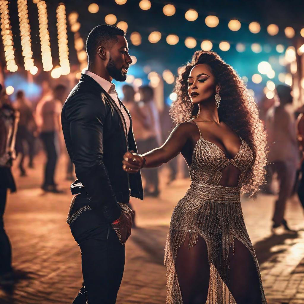  Kizomba in a night festival hyperrealistic, full body, detailed clothing, highly detailed, cinematic lighting, stunningly beautiful, intricate, sharp focus, f/1. 8, 85mm, (centered image composition), (professionally color graded), ((bright soft diffused light)), volumetric fog, trending on instagram, trending on tumblr, HDR 4K, 8K