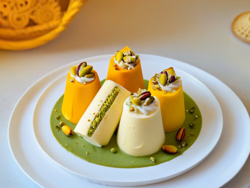  An ultradetailed closeup image of a perfectly crafted kulfi dessert, showcasing its smooth, creamy texture and traditional Indian garnishes like saffron strands and chopped pistachios. The kulfi is delicately placed on a small, elegant plate with intricate golden designs, emphasizing the dessert's cultural significance and inviting the viewer to indulge in its rich flavors. hyperrealistic, full body, detailed clothing, highly detailed, cinematic lighting, stunningly beautiful, intricate, sharp focus, f/1. 8, 85mm, (centered image composition), (professionally color graded), ((bright soft diffused light)), volumetric fog, trending on instagram, trending on tumblr, HDR 4K, 8K