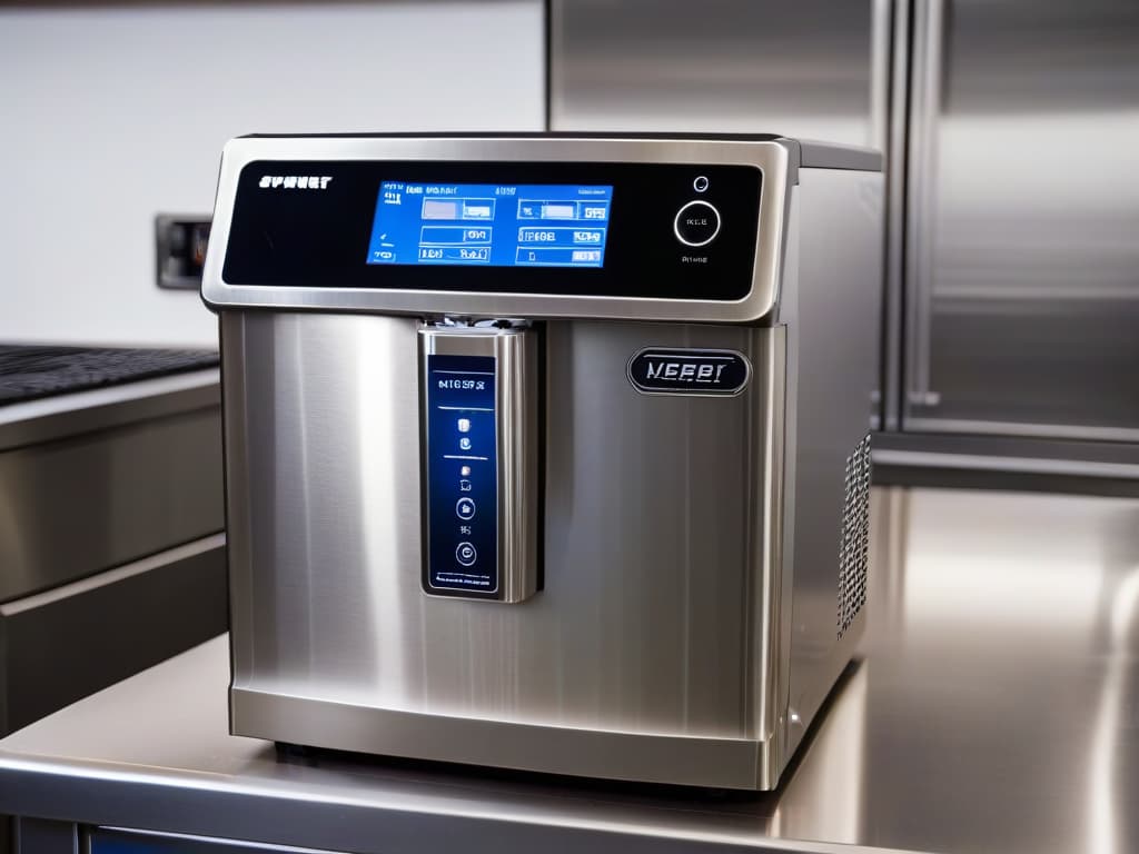  An ultradetailed closeup image of a sleek and modern stainless steel ice cream maker, showcasing intricate details of the control panel, mixing mechanism, and glossy finish. The lighting is perfect, highlighting the elegance and professional design of the machine, with a soft reflection of the surrounding kitchen setting visible on its surface. hyperrealistic, full body, detailed clothing, highly detailed, cinematic lighting, stunningly beautiful, intricate, sharp focus, f/1. 8, 85mm, (centered image composition), (professionally color graded), ((bright soft diffused light)), volumetric fog, trending on instagram, trending on tumblr, HDR 4K, 8K