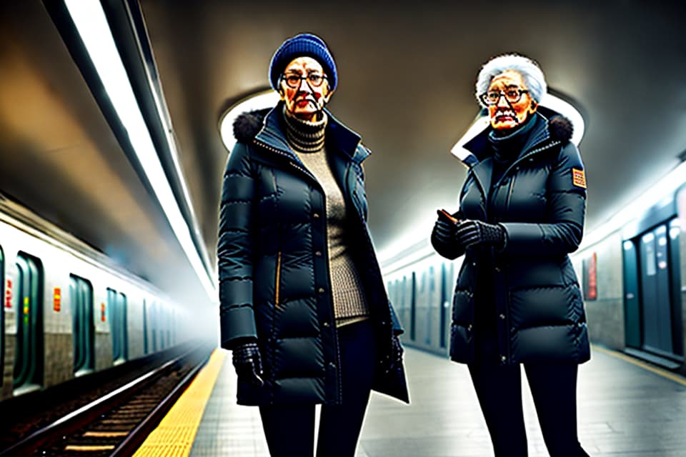  Photo, portrait, slim figure, old woman, subway station, down jacket, long -distance perspective hyperrealistic, full body, detailed clothing, highly detailed, cinematic lighting, stunningly beautiful, intricate, sharp focus, f/1. 8, 85mm, (centered image composition), (professionally color graded), ((bright soft diffused light)), volumetric fog, trending on instagram, trending on tumblr, HDR 4K, 8K