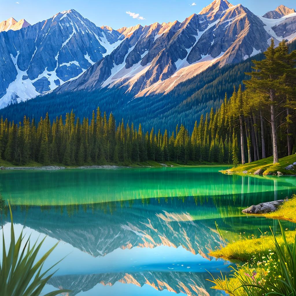  as a painting, Convey the serene majesty of towering mountains reflected in the crystal-clear waters of a tranquil alpine lake, using your unique artistic vision to evoke a sense of awe and tranquility.