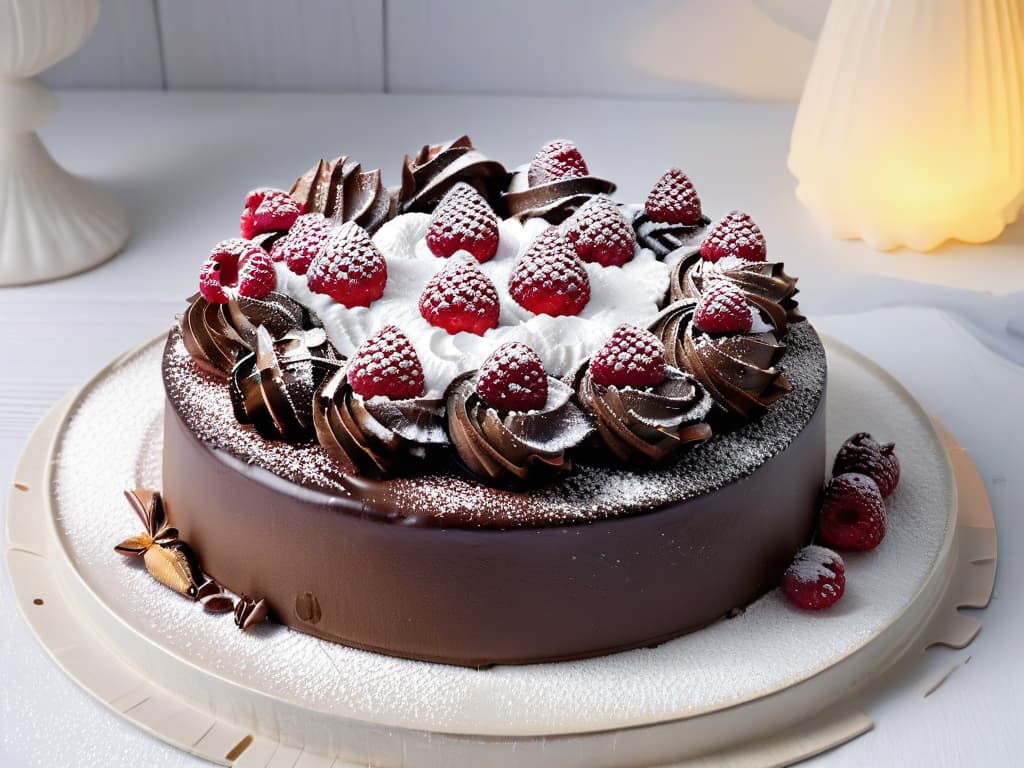  A closeup, ultradetailed image of a decadent chocolate ganache tart topped with fresh raspberries, dusted with powdered sugar, on a sleek, white marble serving plate. hyperrealistic, full body, detailed clothing, highly detailed, cinematic lighting, stunningly beautiful, intricate, sharp focus, f/1. 8, 85mm, (centered image composition), (professionally color graded), ((bright soft diffused light)), volumetric fog, trending on instagram, trending on tumblr, HDR 4K, 8K