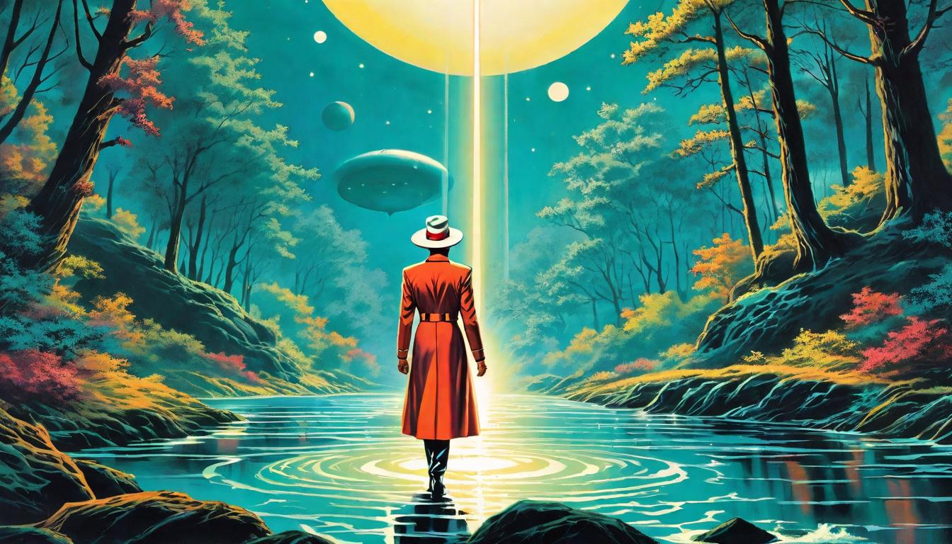  retro futuristic A figure casting a traditional career hat into a river, following a luminous path into the woods, soul's calling, defiant choice, illuminated journey lvintage sci fi, 50s and 60s style, atomic age, vibrant, highly detailed