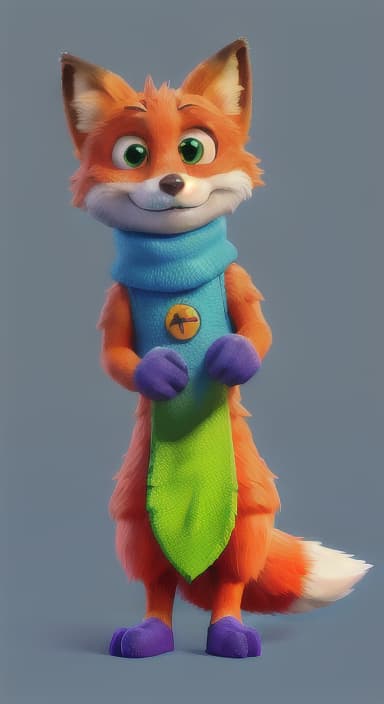  {Error the fox pressing the blue button with his paw, looking puzzled as nothing occurs., Error is a small, bright orange fox with a fluffy tail and big, inquisitive eyes. He has a mischievous yet kind expression and wears a tiny green scarf.