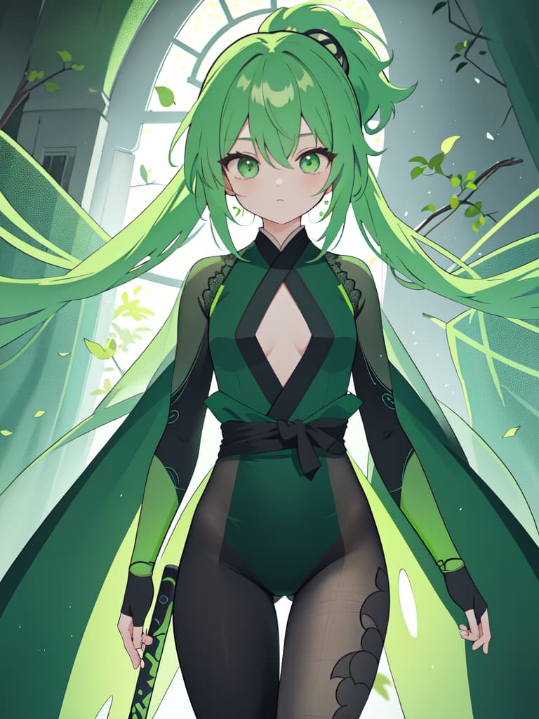  Green hair character's whole body net tights ninja, masterpiece, best quality,8k,ultra detailed,high resolution,an extremely delicate and beautiful,hyper detail