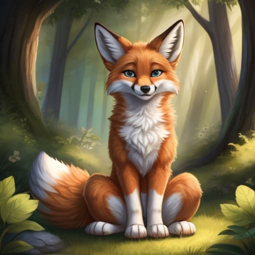  gender:male, species:canid, animal genitalia, feral, fox, sfw, cute, sitting in a green forest, holding teacup with hot tea in paw, open eyes, digital art, masterpiece, 4k, fine details,