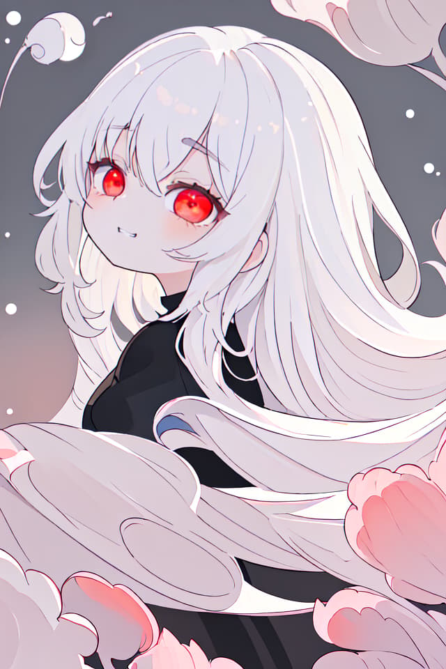  ultra detailed:1.2masterpiece:1.2,best quality,masterpiece,bestquality,hdr:1.1,8k:1.1,very cute girl:1.3,white hair:1.3,very long hair,volume hair:0.7,flare hair:1.2,curly hair:1.4,red eyes,bad mood:1.3,sleepy eyes:1.2,closed mouth:1.3,upper body:1.3,dutch angle,half closed eyes:1.8,sulking:1.6,bored:1.3,upper body:1.1,from side,from above ,grin:0.6,looking viewer