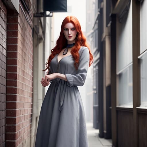  A tall girl with long red hair and blue eyes, wearing a slave collar around her neck, wearing a gray old dress in an alley with fear on her face. hyperrealistic, full body, detailed clothing, highly detailed, cinematic lighting, stunningly beautiful, intricate, sharp focus, f/1. 8, 85mm, (centered image composition), (professionally color graded), ((bright soft diffused light)), volumetric fog, trending on instagram, trending on tumblr, HDR 4K, 8K