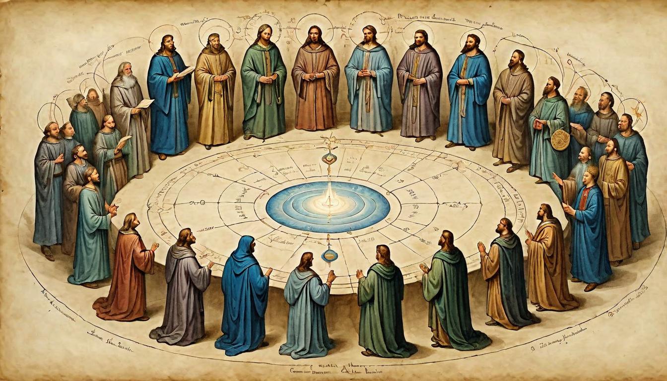  on parchment, surrealism+++, A circle of people with light strands connecting their hearts, central guiding figure, collective ascension, harmony, linked destinies(mysterious, provocative, symbolic,muted color)+++