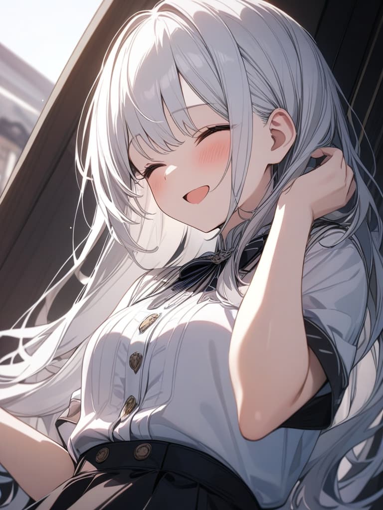  White hair, white clothes, black skirts, long hair, girls, cute, ribbon, laughing, solo, cute clothes, masterpiece, best quality,8k,ultra detailed,high resolution,an extremely delicate and beautiful,hyper detail