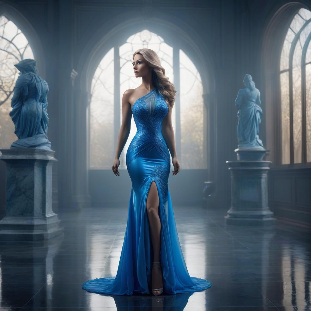  a woman in a blue dress, a marble sculpture by Todd Lockwood, cgsociety, arabesque, blown glass figure, glass sculpture, opal statues hyperrealistic, full body, detailed clothing, highly detailed, cinematic lighting, stunningly beautiful, intricate, sharp focus, f/1. 8, 85mm, (centered image composition), (professionally color graded), ((bright soft diffused light)), volumetric fog, trending on instagram, trending on tumblr, HDR 4K, 8K