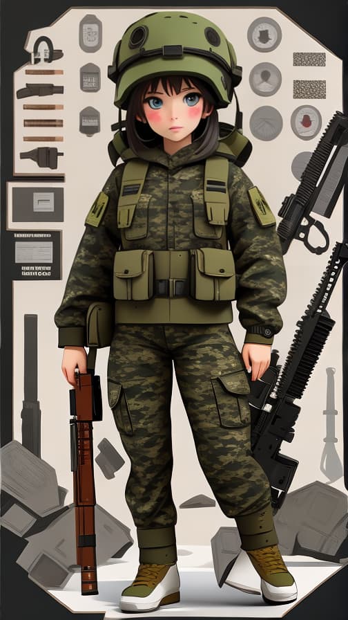  Two head full body commando, full body camouflage, weapons, girl, cute.