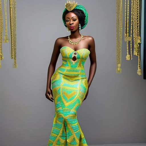  A Ghanaian modern bride in a stylish mint green Ghanaian KENTE gown with chains and petals . Should be a mermaid dress that looks regal. Must look like a beauty queen with a golden crown