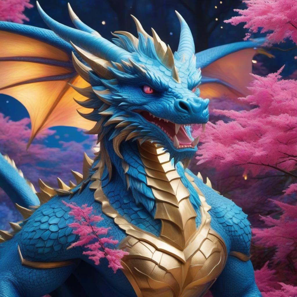  A beautiful blue luminous dragon of the future, a large head, dances, against the background of luminous trees, a color fountain.Gentiously blue, pink blue gold.Style art