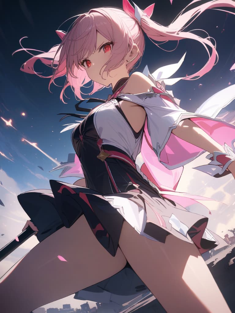  Magical girl,twin tail,pink hair,cute,beautiful girl,cool,red eyes,magic cane,during battle,battle scene、(absurd detailed:1.4、best quality:1.4、masterpiece:1.4)、, masterpiece, best quality,8k,ultra detailed,high resolution,an extremely delicate and beautiful,hyper detail