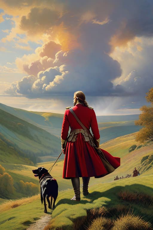  the movie poster for the movie, outlander, a matte painting Jules Breton, american realism, matte drawing. masterpiece, matte painting portrait shot, film still from 'thor' As if painted by maxfield Parrish Artwork as created by Storm Thorgerson closeup headshot of two very beautiful you’re the one that ng lady’s with pretty faces in Scottish plaid dresses stand on the moor with a dog watching a fierce battle a matte painting Michael Ancher, german romanticism, an american romanticism painting, cinematic framing rule of thirds, matte drawing. surreal, dreamlike, pop surreal Culloden battle in the clouds above a large mural of the British army wearing red coats hyperrealistic, full body, detailed clothing, highly detailed, cinematic lighting, stunningly beautiful, intricate, sharp focus, f/1. 8, 85mm, (centered image composition), (professionally color graded), ((bright soft diffused light)), volumetric fog, trending on instagram, trending on tumblr, HDR 4K, 8K