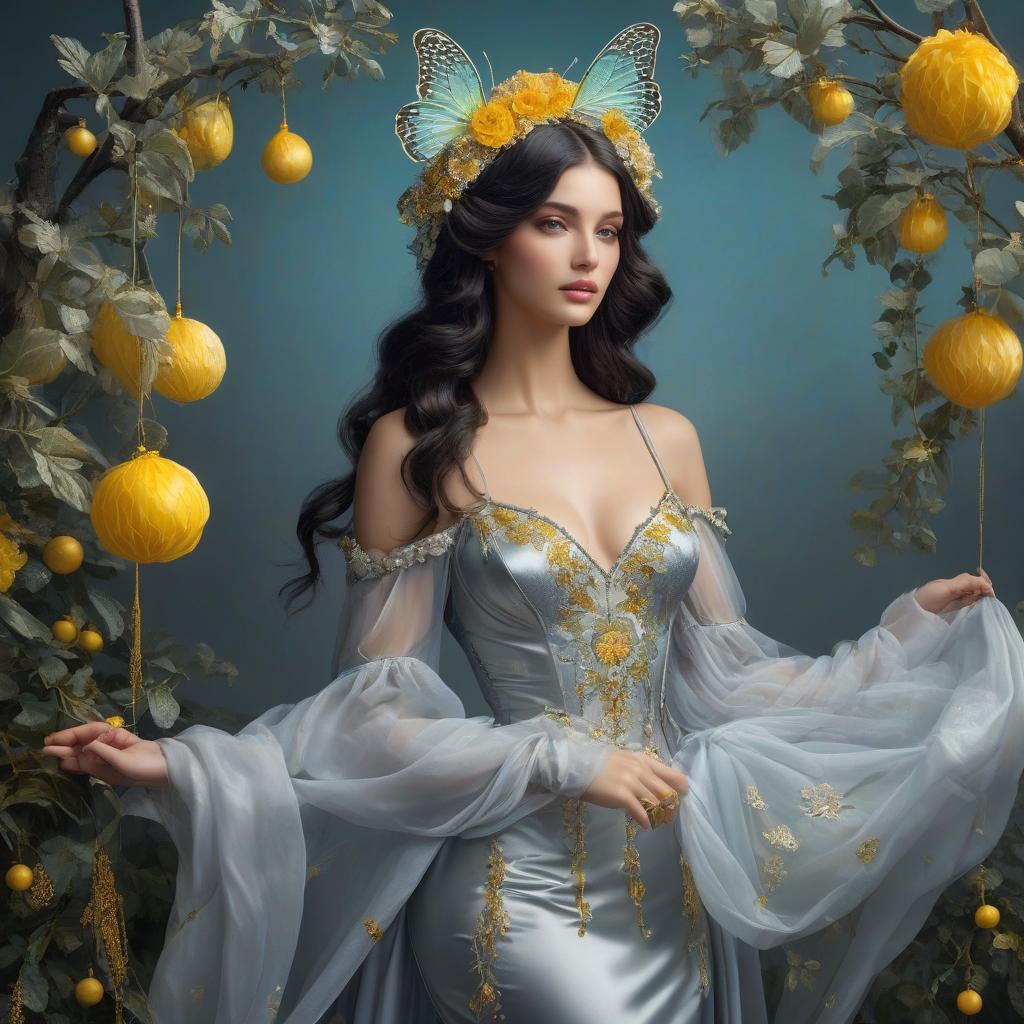  Elaborate body parts, high detail, high processing. Proper hand imaging. A very pretty girl in a fitted silver dress that is narrow at the top but widens at the bottom. Feronniere. Flying ball gown, lightweight. Silk satin dress. A tiara on her forehead, wavy black hair, clear gray eyes. In the eyes of wisdom, beauty, nobility. Alfonso Mucha, Honoré Fargonard. A ball of black thread, the threads are scattered. Dark gray background.A masterpiece. Frosty morning.Digital art. Rakhat lukum. Sweetness. Rahat lukum with nuts, yellow, blue, green, red. Rahat lukum sprinkled with powdered sugar. Baklava. Masterpiece. Blue and emerald butterfly, yellow dots on the wings. Blue sky in the background. A masterpiece. Dreamcatcher, gilding, inside the d hyperrealistic, full body, detailed clothing, highly detailed, cinematic lighting, stunningly beautiful, intricate, sharp focus, f/1. 8, 85mm, (centered image composition), (professionally color graded), ((bright soft diffused light)), volumetric fog, trending on instagram, trending on tumblr, HDR 4K, 8K