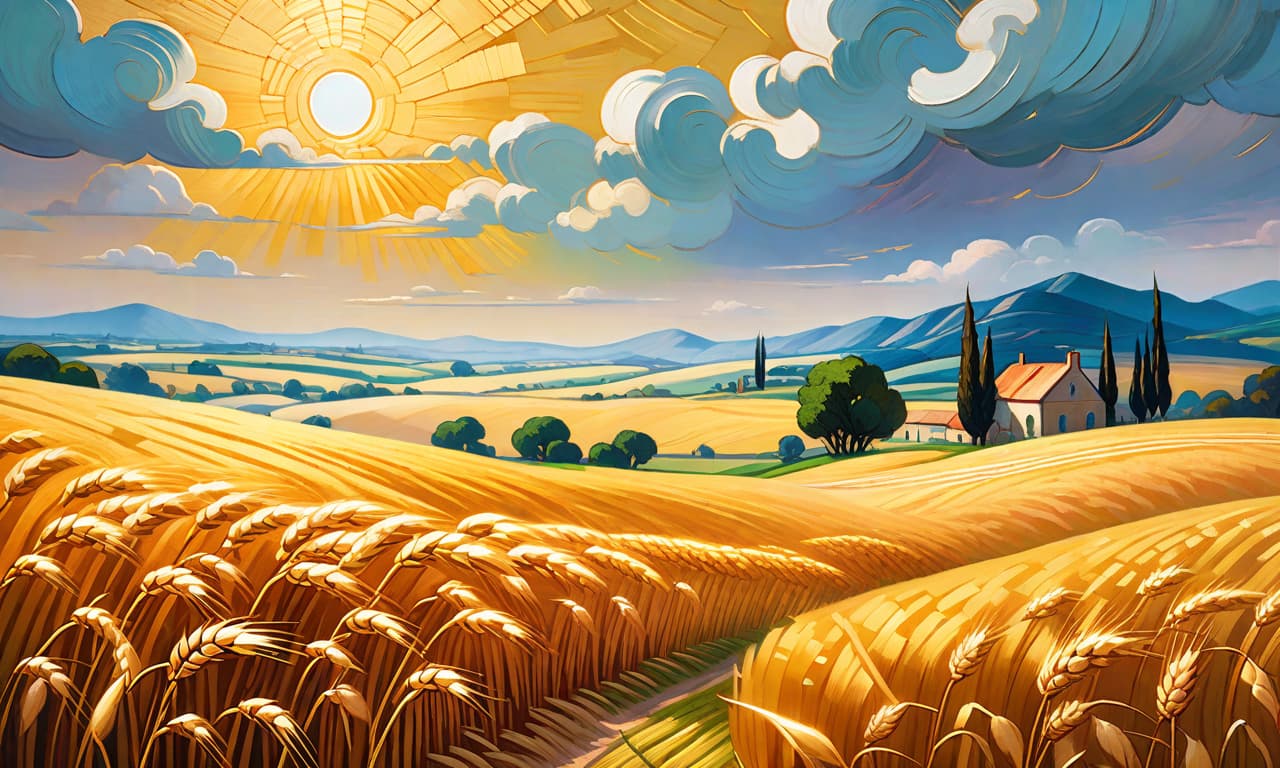  expressionist Craft an oil painting of a golden wheat field in the style of Vincent van Gogh, where the swaying stalks are rendered with vivid textures and a luminescent quality. The field should be alive with motion, each blade of wheat etched with a soft glow against an ethereal sky. Use a palette that reflects the golden hour, with hues that convey the warmth and richness of the scene. The brushwork is bold and expressive, capturing the dynamic nature of the wheat and the silent whispers of the wind. The background is a dreamy landscape, with subtle hints of distant mountains adding depth and context. Focus on creating a composition that feels both vibrant and tranquil, a timeless pastoral scene brought to life with the imaginative touch hyperrealistic, full body, detailed clothing, highly detailed, cinematic lighting, stunningly beautiful, intricate, sharp focus, f/1. 8, 85mm, (centered image composition), (professionally color graded), ((bright soft diffused light)), volumetric fog, trending on instagram, trending on tumblr, HDR 4K, 8K