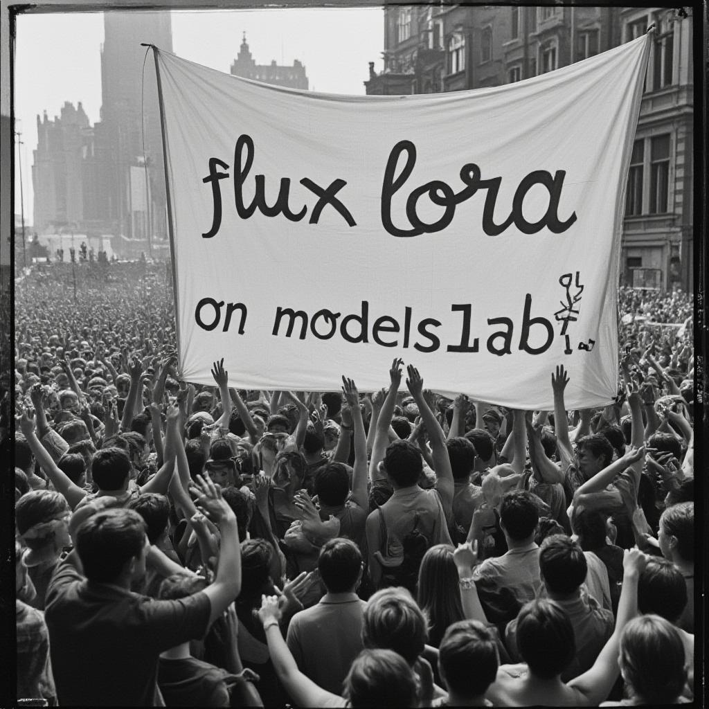  vintage style, a huge crowd cheering at a huge banner, banner contains the text 'flux lora on modelslab'.