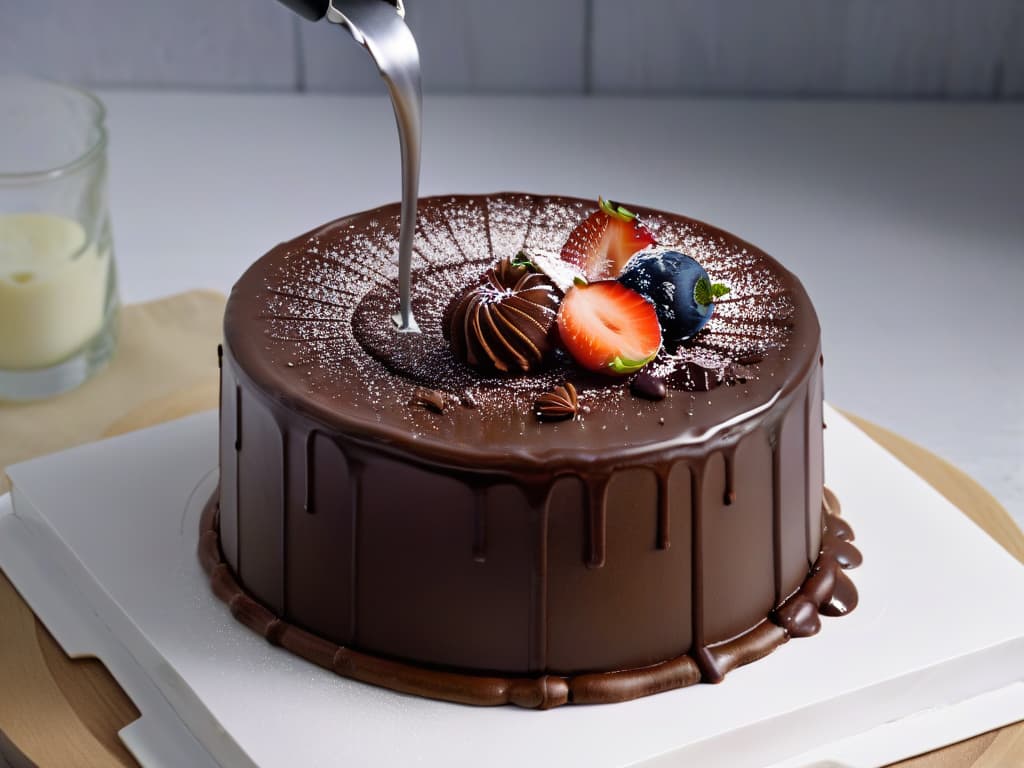  A closeup, highresolution image showcasing a smooth, glossy chocolate ganache being meticulously poured over a decadent chocolate cake, with the rich, velvety texture of the ganache beautifully contrasting against the dark, moist cake layers. The focus is on the intricate details of the ganache cascading down the sides of the cake, creating a visually striking and mouthwatering image that captures the essence of using cacao butter in modern pastry making. hyperrealistic, full body, detailed clothing, highly detailed, cinematic lighting, stunningly beautiful, intricate, sharp focus, f/1. 8, 85mm, (centered image composition), (professionally color graded), ((bright soft diffused light)), volumetric fog, trending on instagram, trending on tumblr, HDR 4K, 8K